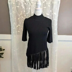 Philosophy Asymmetrical Fringe Mock Turtleneck Sweater, Black, Size S